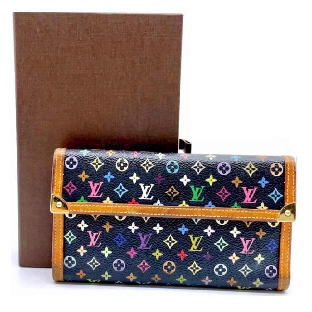 LOUIS VUITTON Black Murakami Trifold Full Length Wallet w/ LV Dust Bag & LV Box